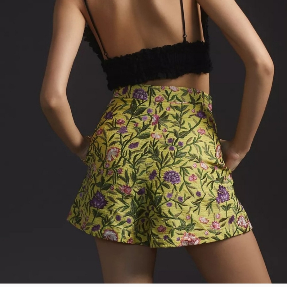 Anthropologie Yellow Floral High-Waist Jacquard Shorts